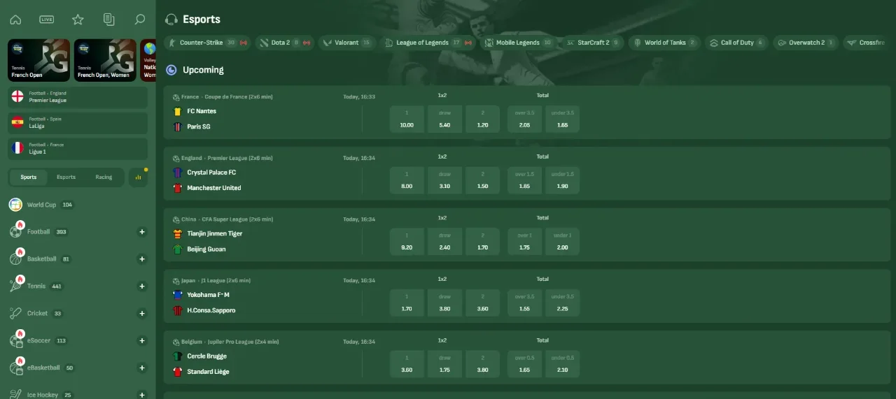Live sports betting dashboard with football odds