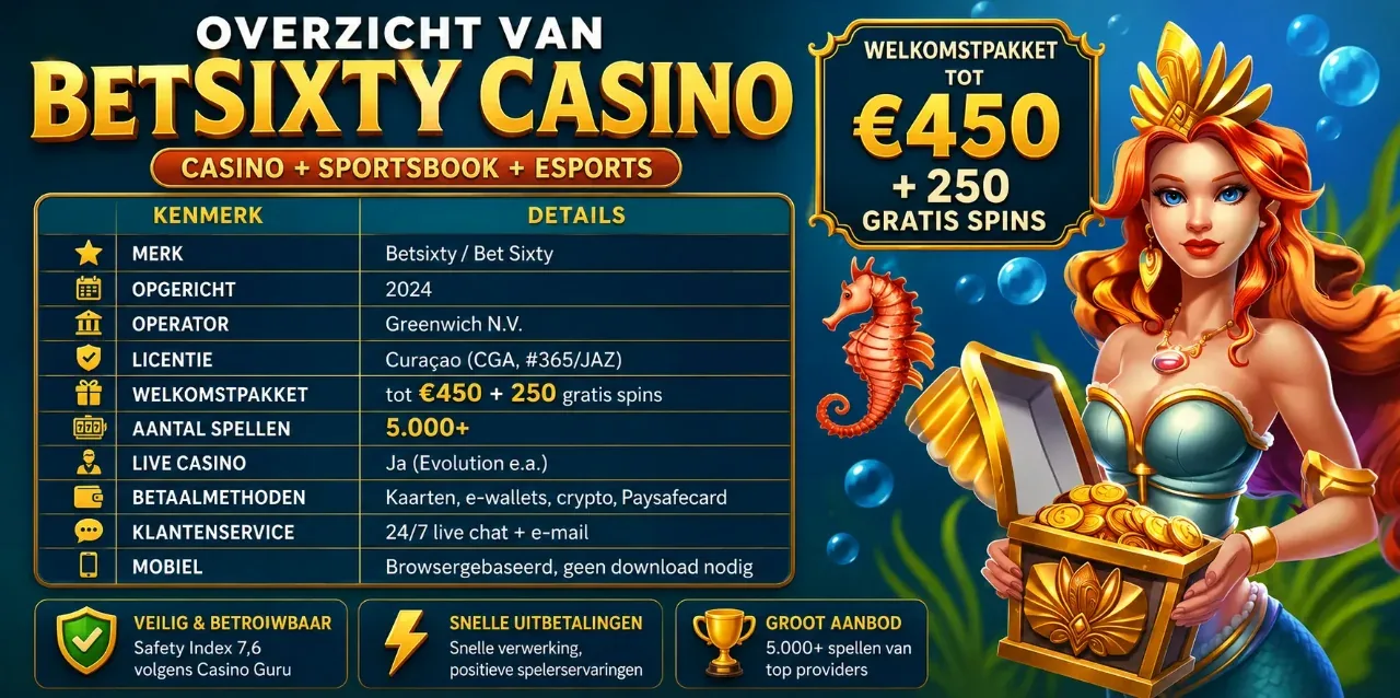 Overzichtstabel met Betsixty kenmerken, bonus, licentie en operator